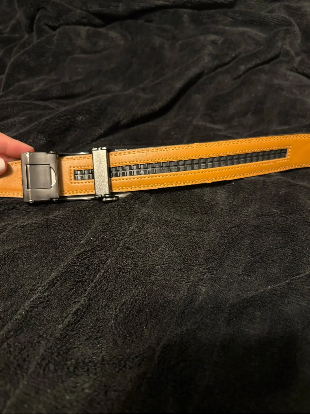 Black Leather Men’s Belt with Bull Emblem Buckle - Black/Yellow Interior